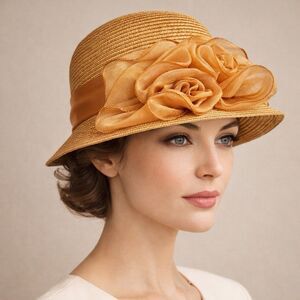 C.C Exclusives Straw Cloche Church Hat Gold Satin Rose Bow Derby Easter Tea